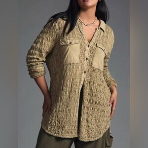 Anthropologie Pilcro L Smocked Shacket Olive Green Bohemian Festival Layering